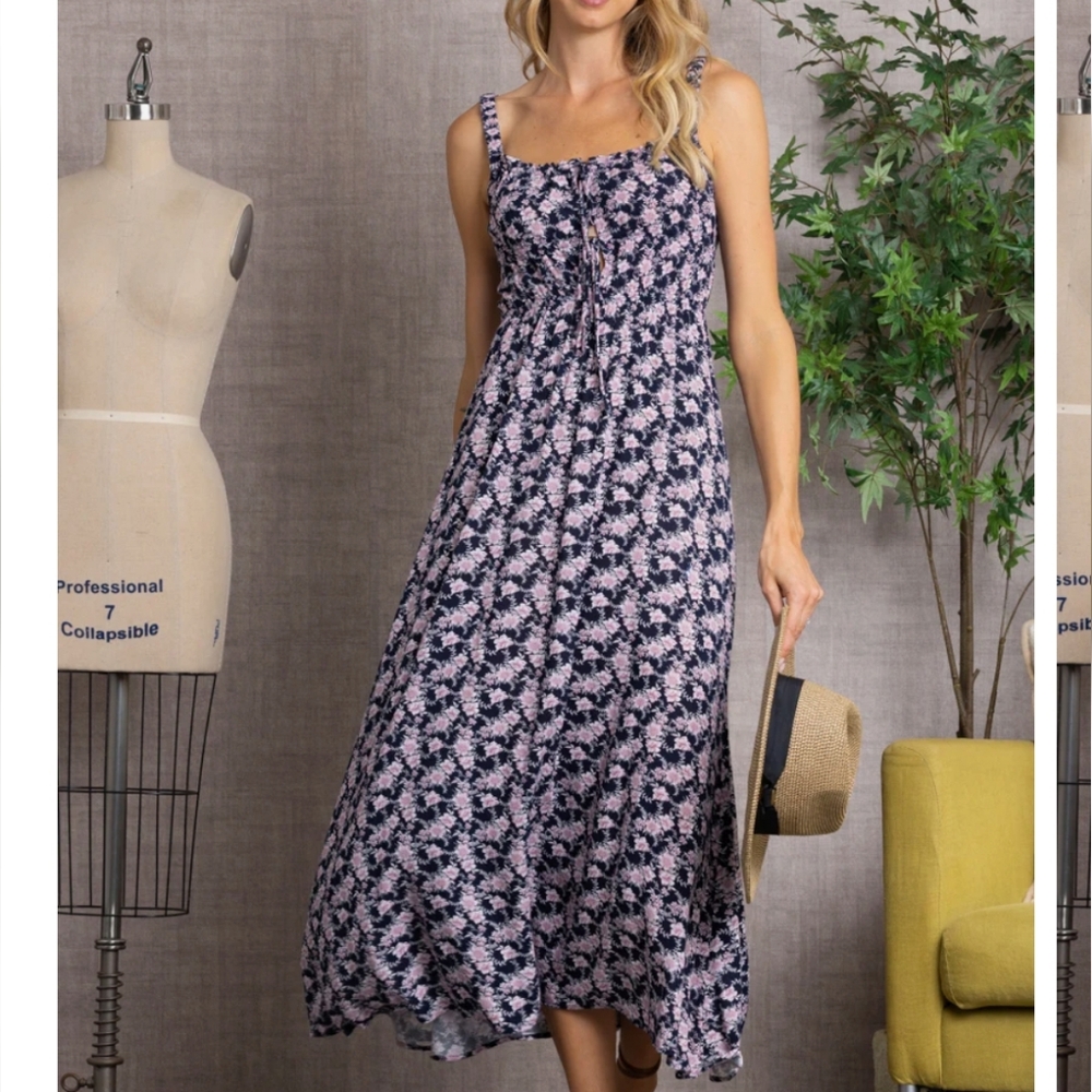 NWT Floral Midi Spaghetti Straps Self-tie Dress